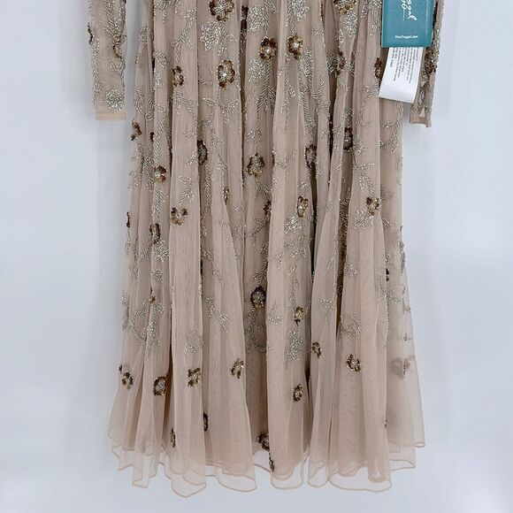 Mac Duggal Long Sleeves Embellished Beaded Midi Floral Nude Dress Size 2 - Picture 7 of 14